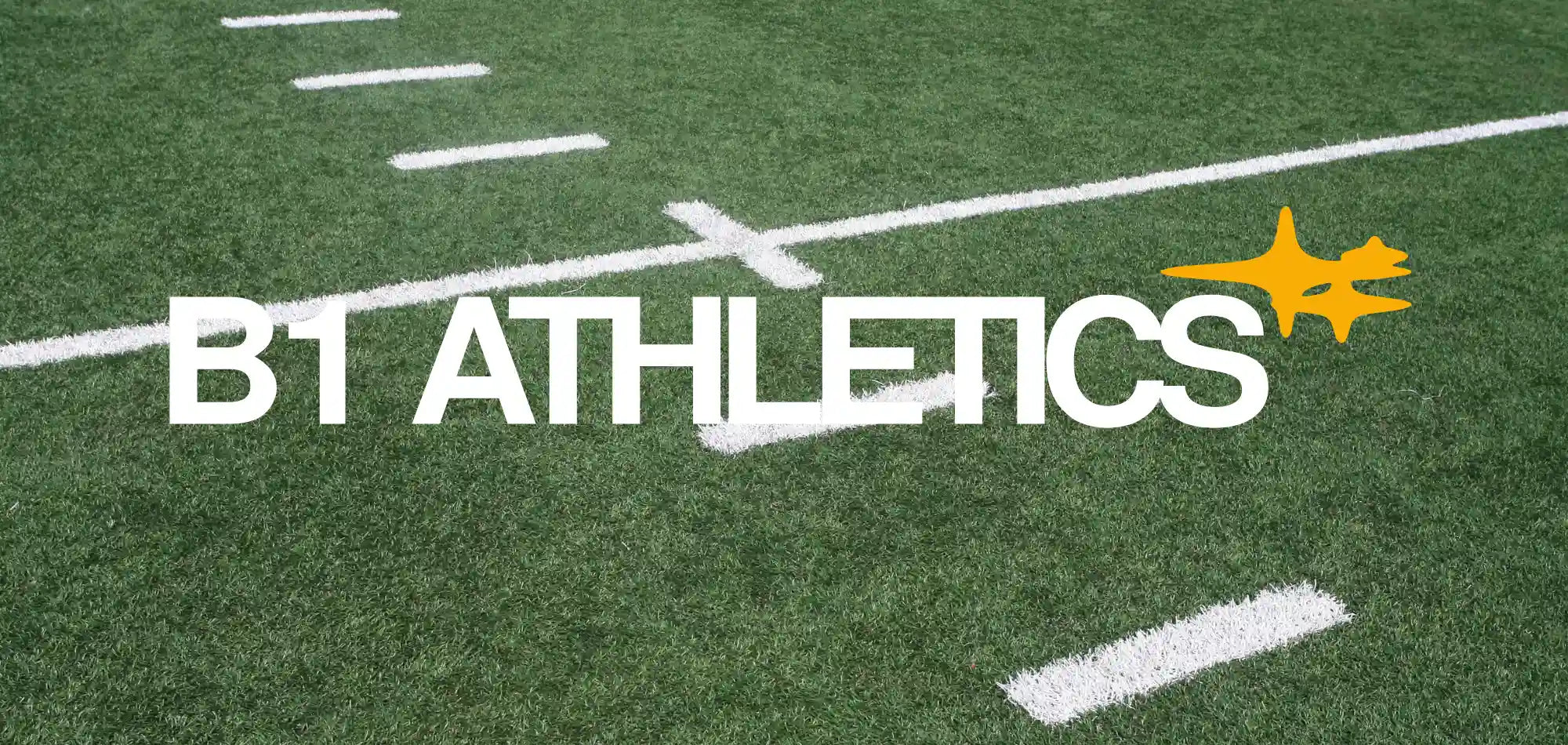 B1 Athletics Logo mit einem Football Feld im HIntergrund