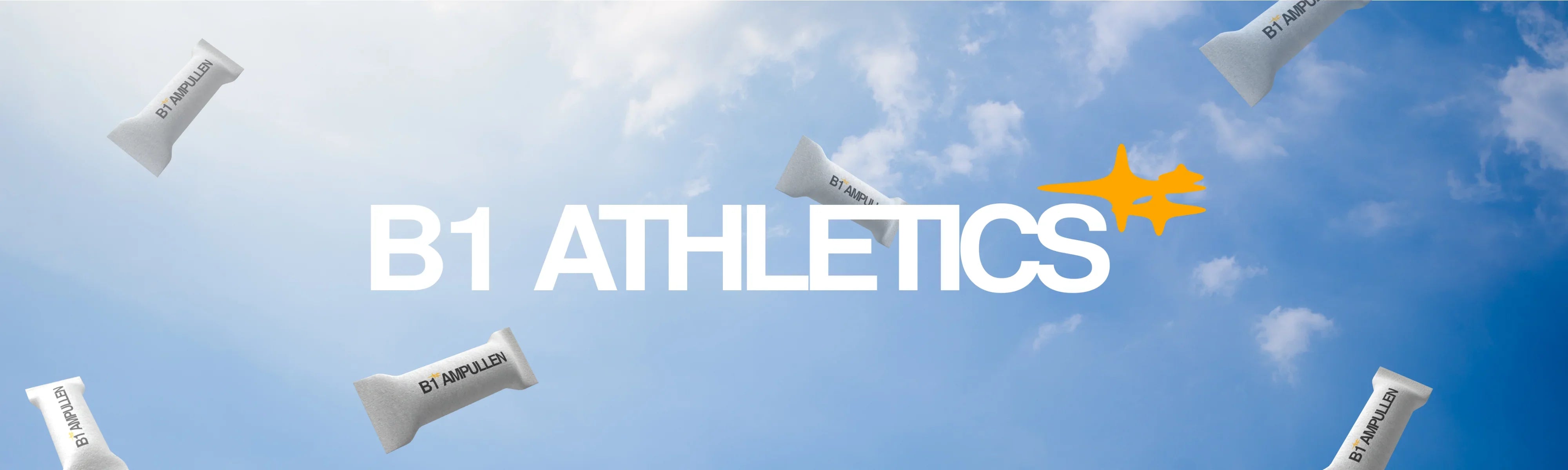 Sechs Riechstäbchen für Sportler fallen vom wolkigem Himmel mit B1 AMPULLEN Logo im Vordergrund